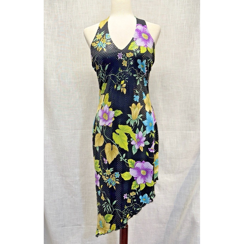 Cache Halter‎ Dress Womens 8 Black Floral Sequin Y2K Handkerchief Hem Vintage